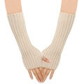 Detail view of beige knitted fingerless gloves with vertical ribbed texture and arm length - One Size / Light Beige