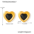 Retro black heart stud earrings with gold titanium steel frame and acrylic inlay - Gold Earrings