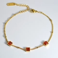 Elegant gold chain bracelet featuring three square red gemstones with beaded link details - Red Square Stone/Gold Chain (CS38094D3W0)