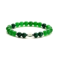 Malachite and green agate beaded stretch bracelet with metallic accents on white background - Green Chalcedony + Malachite + White Crystal