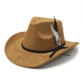 Brown faux suede western cowboy hat with wide brim, black ribbon, and feather decoration - M (56-59cm) / Khaki