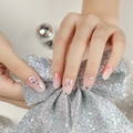 Pink gradient press-on nails with silver glitter, stars and pearls for Christmas - Pink Gradient Snowflake Style (JP2695)