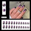 Unghie finte quadrate stile francese con design glitter nero e viola a contrasto - Quadrato Medio Lungo (W1458) / Cielo Stellato Notte Oscura (Tipo di Colla)