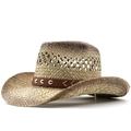Cappello da cowboy in paglia intrecciata con sfumature e cinturino in pelle borchiato - Regolabile / 01 Caffè Riso