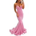 Elegant pink sequin mermaid evening gown with a deep V-neck and slim fit silhouette - US size 2 (S) / Bottoms / Pink