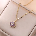 Rotatable flower necklace in gold finish featuring purple and white zircon stones - X0042 Purple Rotating