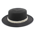 Detail of black straw boater hat featuring pleated white lace and elegant pearl trim - Black Lace Pearl