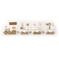 Close-up of white wooden Christmas train with gold details, snowman and bear figurines - White Gold