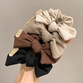 Set of 3 handmade bow scrunchies in black, brown, and beige fabric with bear tags - Bear 4-Color Set