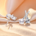 Elegant pearl and teardrop zircon stud earrings with silver pavé cross connection - Platinum Crossed Pearl Stud Earrings (C20)