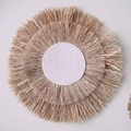 Bohemian woven wall decor featuring circular white cotton rope and natural raffia fringes - Large Sun 50CM