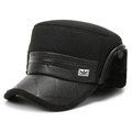 Men's winter flat top hat in black wool with ear flaps and diamond texture brim - Black