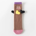 Brown coral fleece socks with cute cartoon 3D arms and purple trim for winter - Coffee