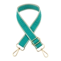 Detail of adjustable teal woven bag strap with Greek fret pattern and gold metal hardware - Teal Beige Edge