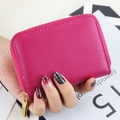 Petit porte-cartes rose rouge en cuir avec motif litchi et fermeture dorée - Rose Rouge