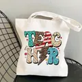 White canvas teacher tote bag with colorful leopard and star collage lettering - Style C9