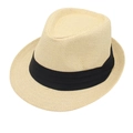 Detailansicht beige Strohhut mit klassischem dreilagigem schwarzem Hutband aus Ripsband - Aprikose