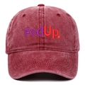 Close-up of FedUp embroidery on burgundy washed cotton baseball cap with vintage finish - Burgundy
