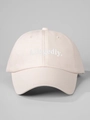 Close-up of Allegedly embroidery on light pink cotton twill baseball cap with curved brim - Adjustable / Beige