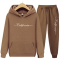 Brown fleece hoodie set featuring California print with joggers on white background - S / Coffee
