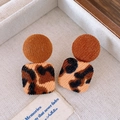 Retro geometric leopard print and brown velvet fabric square drop earrings for women - Leopard Triple Layer Vintage Earrings