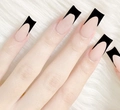 French manicure long square nails featuring nude pink base with deep black V-tips - Black Deep V French Style (AW325)
