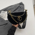 Minimalist black crescent saddle bag with gold chunky chain and metallic rivet strap - Black