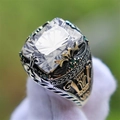 Macro view of luxury men's ring with square white gemstone and gold-silver filigree - US 7 / White (TJZ22032)
