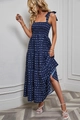 Detail of navy blue backless sundress with geometric print and tied bow shoulder straps - Navy Blue Polka Dot