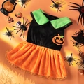 Detailed view of Halloween pet dress with pumpkin patch, black lace collar and orange skirt - S / Halloween Pumpkin Dress