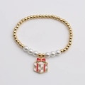 Pulsera de Navidad con cuentas doradas, perlas blancas y colgante de caja de regalo - Colgante de Caja de Regalo