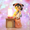 Chinese Dunhuang Flying Goddess figurine playing pipa with warm glowing lantern light - Orange Pink Flower Lantern (060-31)