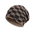 Winter thermal plaid beanie with warm fleece lining and mountain logo in coffee beige - Khaki