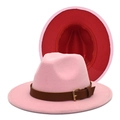 Detail of two-tone pink and red wide-brim fedora hat with brown leather buckle band - M(56-58cm) / Pink and Red