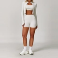 Three-piece white yoga set including zip-up jacket, sports bra, and high-waisted shorts - Long Sleeve + Bra + Shorts Water Lily Apricot