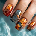 Glossy square press-on nails with autumn maple leaf and floral designs in deep red - Deep Maple Leaf Painted Style (CW809)