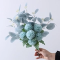 Artificial bouquet with light blue ping pong mums and frosted eucalyptus leaves - Light Blue