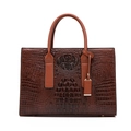 Deep brown crocodile embossed tote bag with gold metal hardware and smooth top handles - Single Bag / Brown
