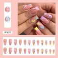Pink gradient press-on nails with cute floral smiley faces and white wavy pattern designs - Cute Small Flowers (W170)