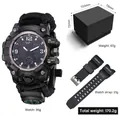 Tactical dual-display outdoor watch set with compass strap and spare rubber band in box - 827-7 + Packaging + PU Strap