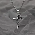 Thorn and rose cross pendant necklace in silver with gothic punk style design - Rose Cross + 60cm Titanium Steel Chain