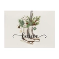 Linen placemat with festive ice skates design, pine branches, and Believe script text - CD102-6(Believe/Ice Skates)