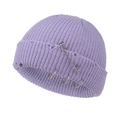 Detail of lavender knit beanie featuring silver safety pin and metal ring accents - 55-58cm / Light Purple