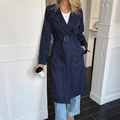Elegant blue double-breasted long trench coat with waist belt and cuff straps for women - S / Navy Blue