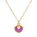 Golden necklace with purple enamel shell pendant and a white pearl center - Gold Tone Purple Shell Necklace