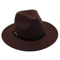 Close-up of a dark brown wool fedora hat featuring a black leather belt buckle band detail - One Size / Coffee