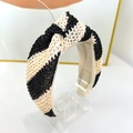 Detailed macro view of woven straw headband featuring a black and beige knotted design - Black & Beige Wide Stripe