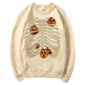 Unisex beige Halloween hoodie with skeleton pumpkin print and fleece lining in size M - S / Tops / Beige (Pumpkin Skeleton Ribs)