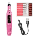 Pink portable electric nail drill machine set with 6 metal bits and USB power cord - USB-A / Pink