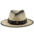 British style straw sun hat with leather band and metal rivets for outdoor casual wear - M (56-58cm) / Natural Grey Gradient (03)